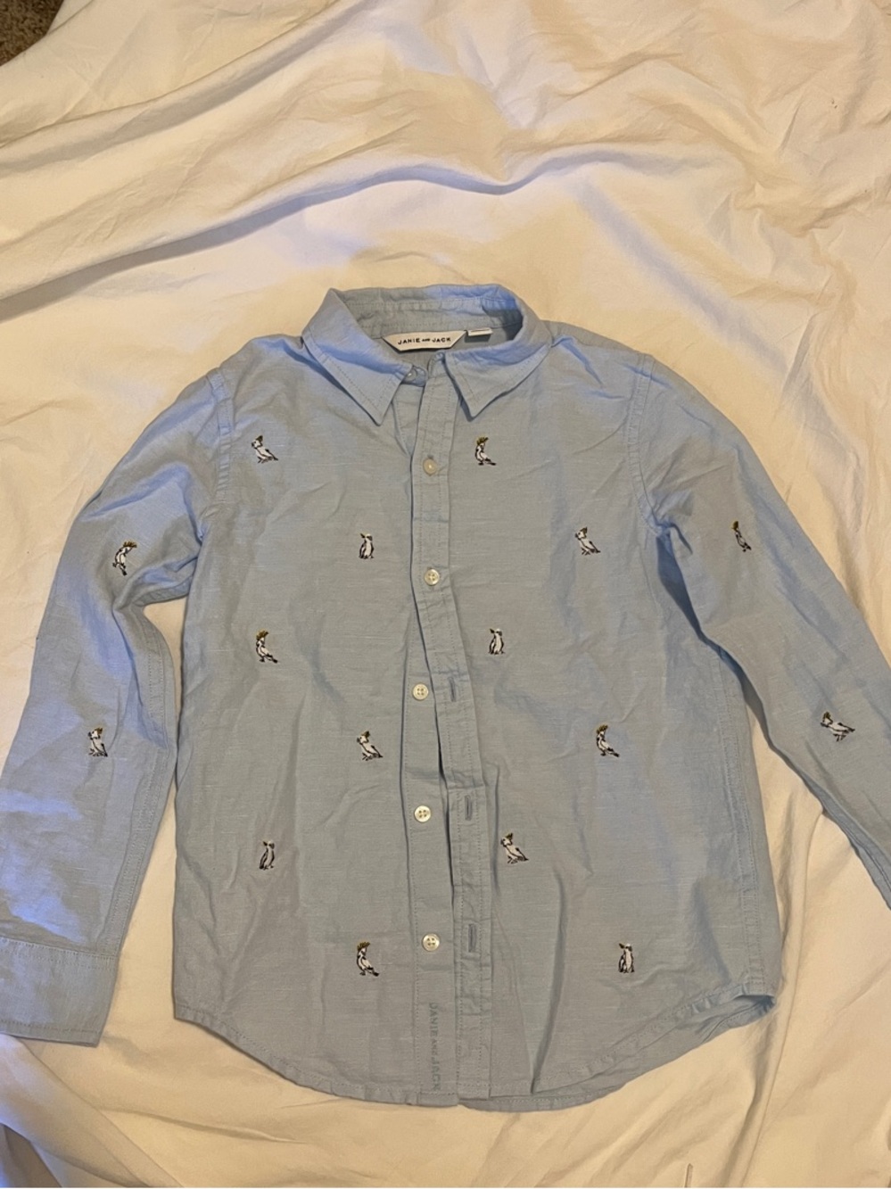 Janie and Jack Boy’s Light Blue Button-Down Shirt with Cockatoo Embroidery
